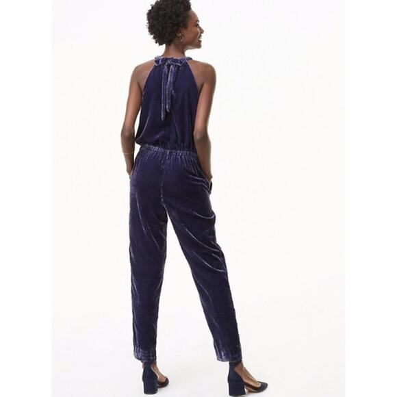 Ann Taylor LOFT Halter Crushed Velvet Jumpsuit Tie Back Straight Leg Blue Petite - Picture 4 of 13